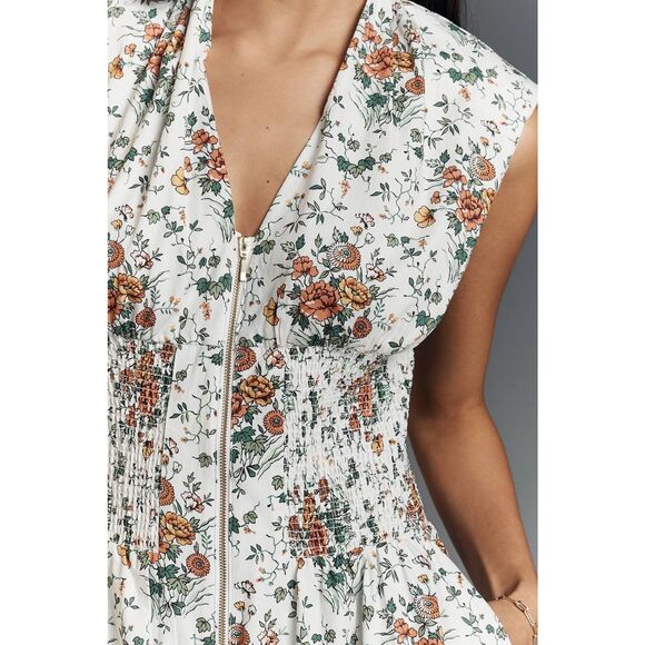 Anthropologie The Tommie Cap-Sleeve Smocked Front-Zip Midi Shirt Dress $170